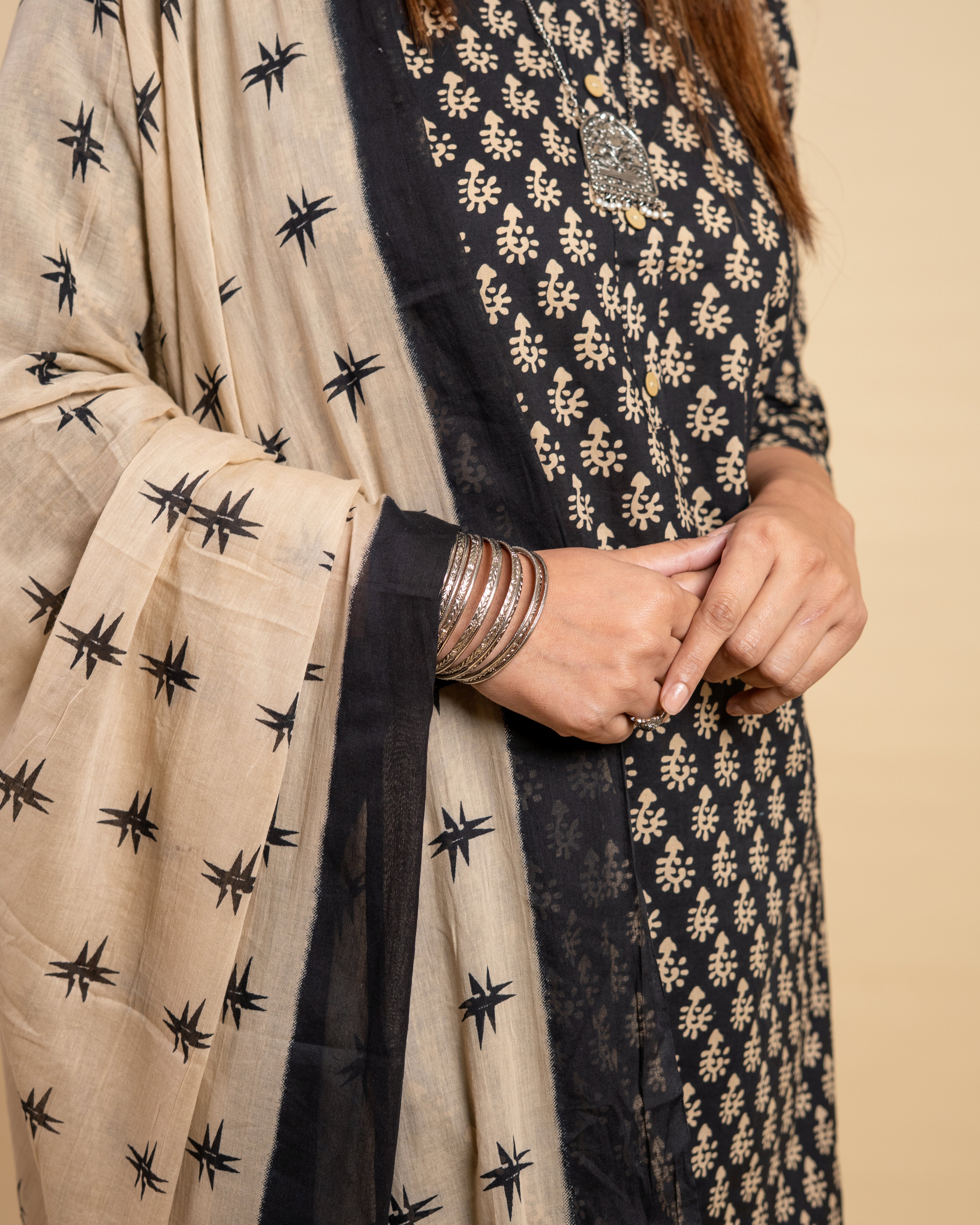 Classic Black & Beige Printed Cotton Suit Set (Kurta, Pant & Dupatta)
